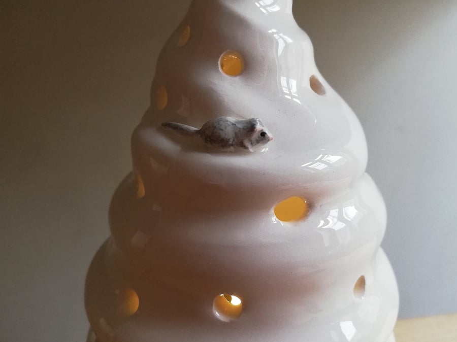 Ceramic wobbly Christmas tree tealight lantern wth miniature mouse candle holder