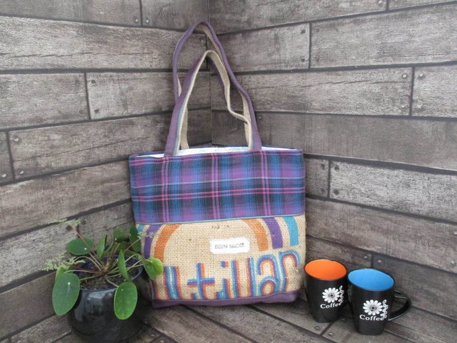 Eco Tote Bag - Handmade from Repurposed materials - Blue and Cerise check