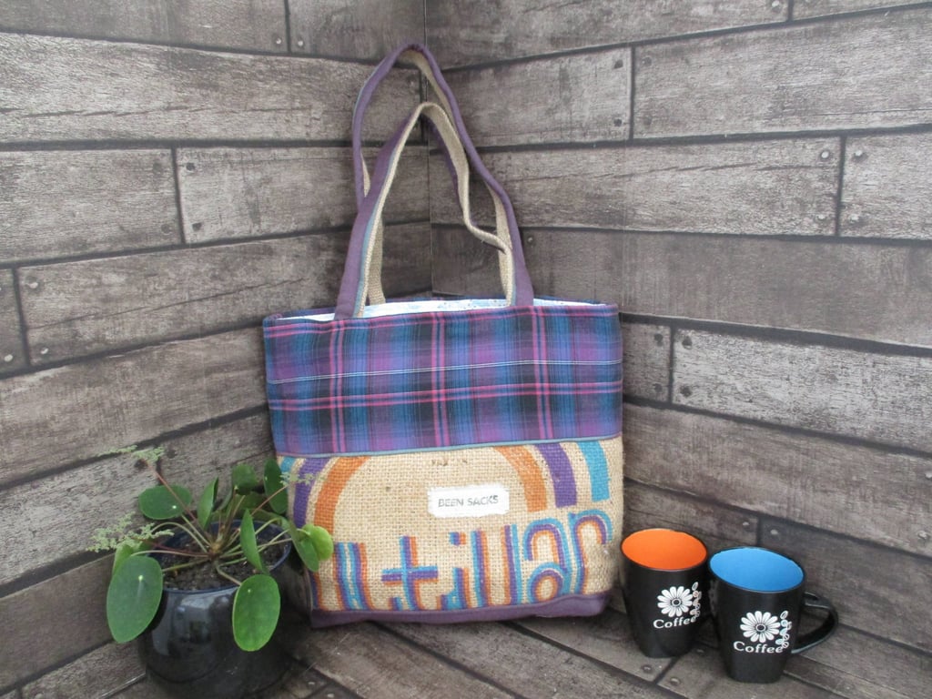 Eco Tote Bag - Handmade from Repurposed materials - Blue and Cerise check
