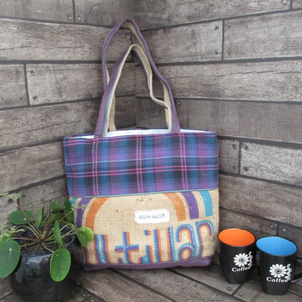 Eco Tote Bag - Handmade from Repurposed materials - Blue and Cerise check