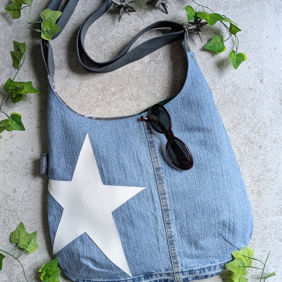 Denim Bag - Pale Denim Jeans Cross Body Bag with White Star Motif 