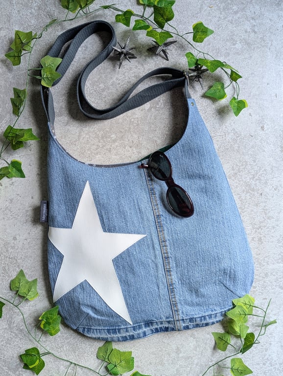 Denim Bag - Pale Denim Jeans Cross Body Bag with White Star Motif 