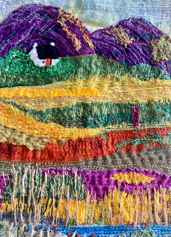 Vibrant hills and heather moors, embroidered textile landscape hanging 
