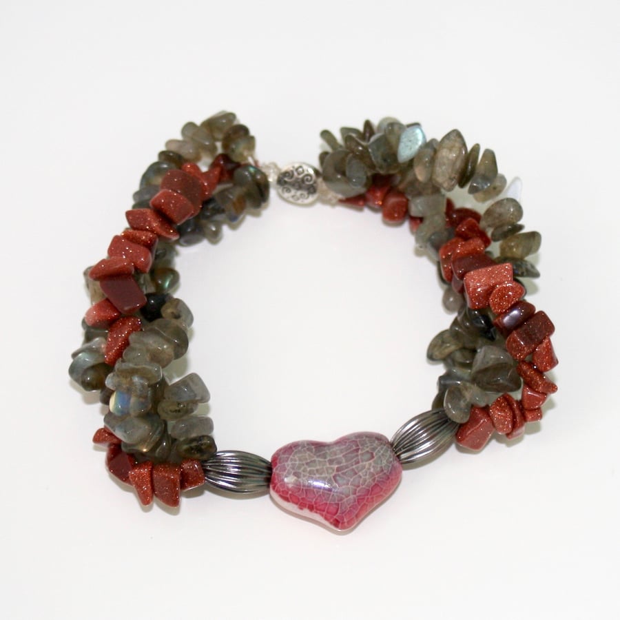 Labradorite and goldstone nugget heart bracelet