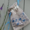 Perennial Cornflower Screen Printed and Hand embroidered- drawstring bag
