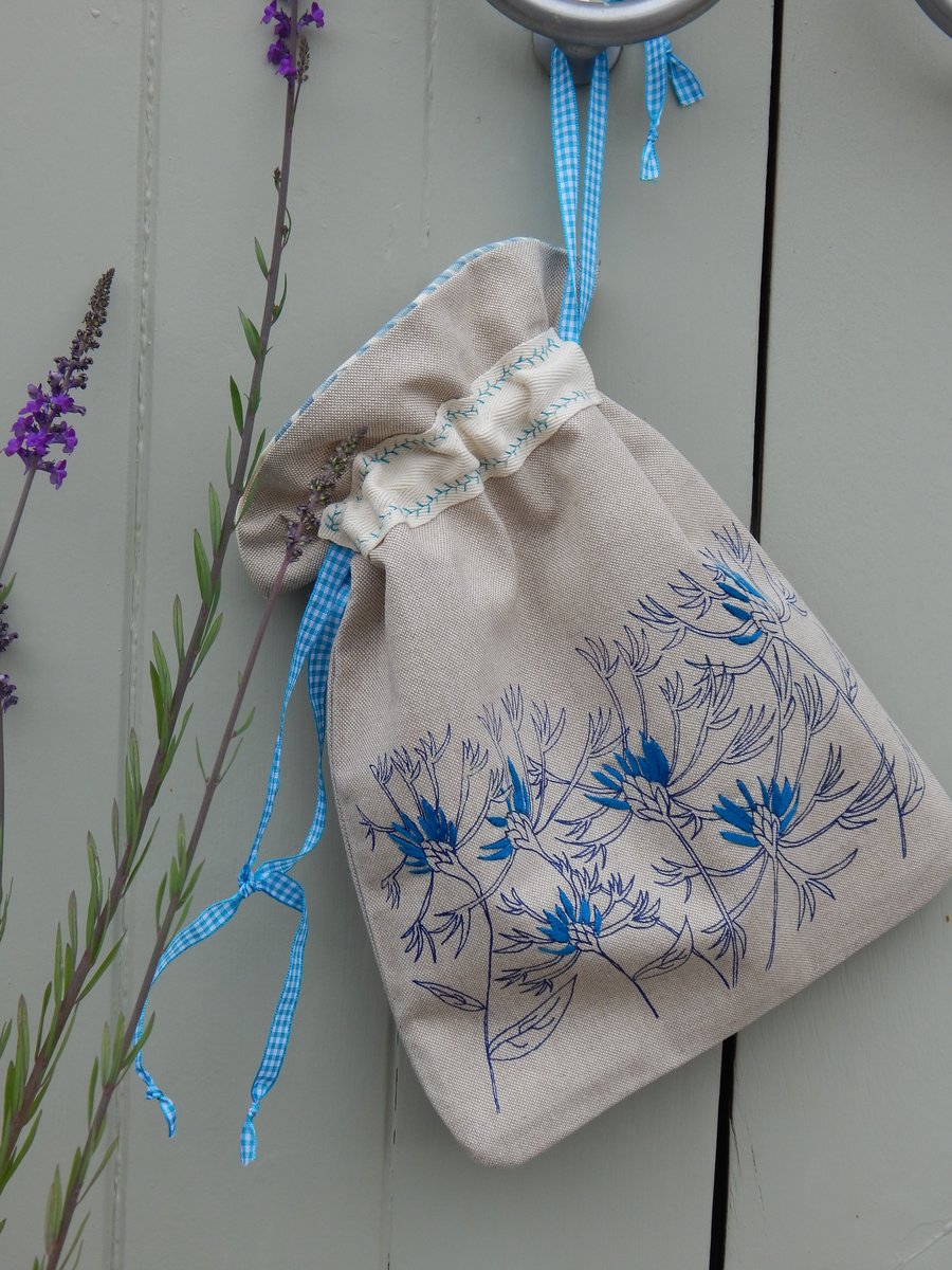 Perennial Cornflower Screen Printed and Hand embroidered- drawstring bag