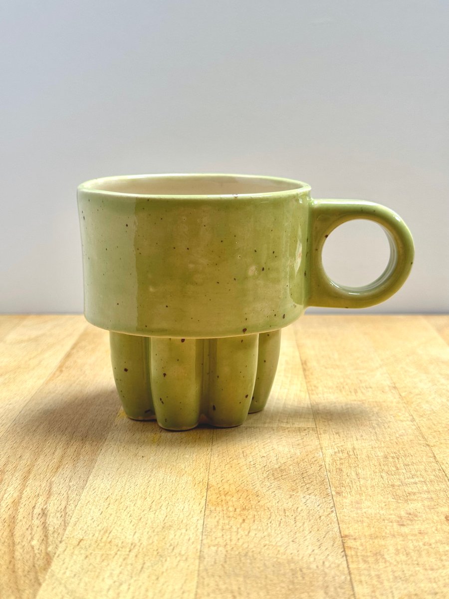 Stackable stoneware tea mugs and coffee cups  - Green Speckle