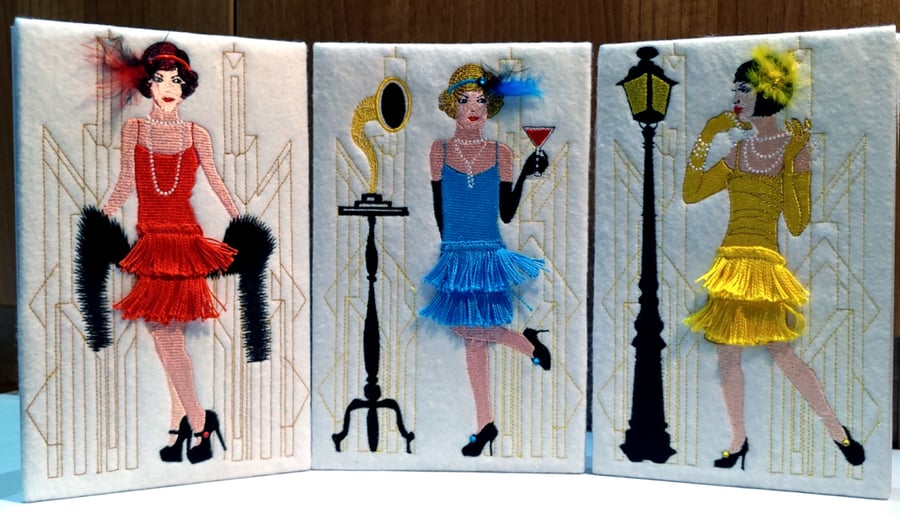Flapper Girl embroidered Card - with yellow, red or blue fringed dresses