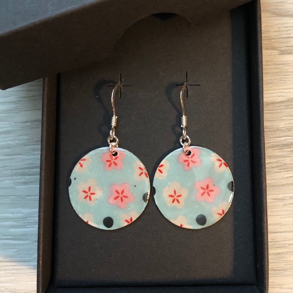 Decoupage and enamel disc earrings. Sterling silver. 