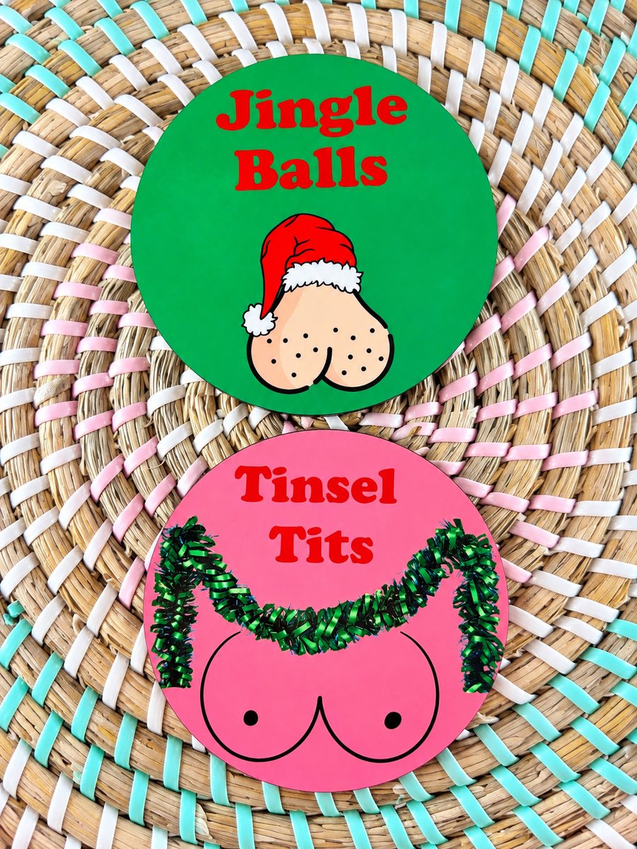 Funny Christmas Coaster Set of 2 – Jingle Balls & Tinsel Tits – Handmade Wooden 