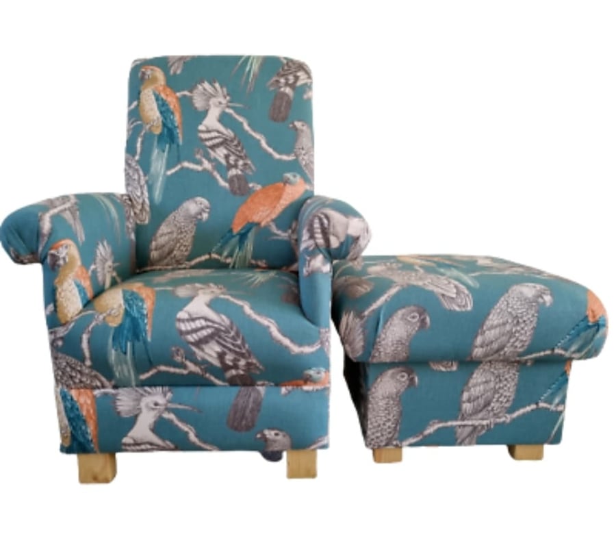 Teal Green Chair & Footstool Adult Armchair Aviary Lagoon Fabric Parrots Birds