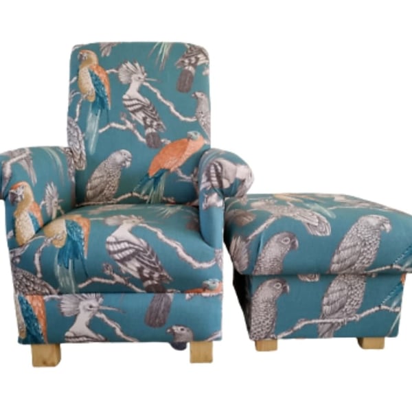 Teal Green Chair & Footstool Adult Armchair Aviary Lagoon Fabric Parrots Birds
