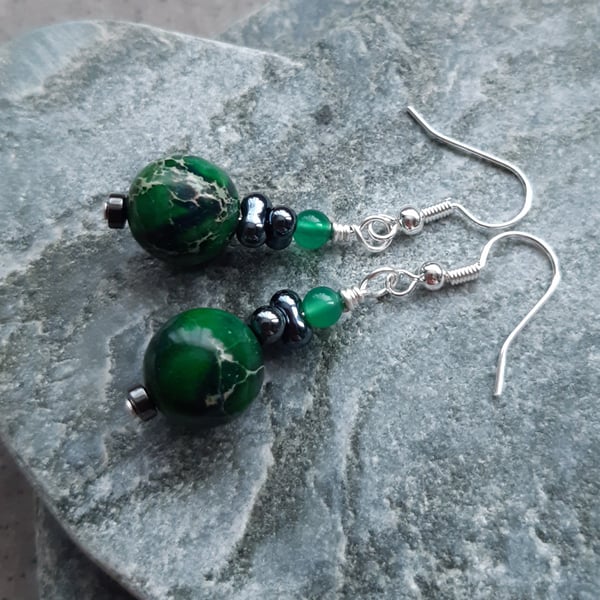 Variscite Green Agate Drop Silver Plated Earrings