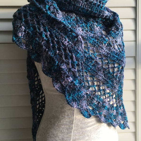 One Off Handmade Triangular Shawl in Textured Blues 