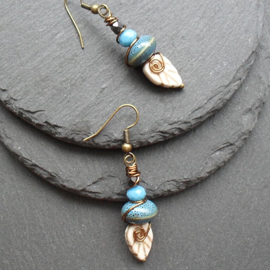 Bronze Tone Leaf Earrings Blue and Cream Colours Vintage Earrings