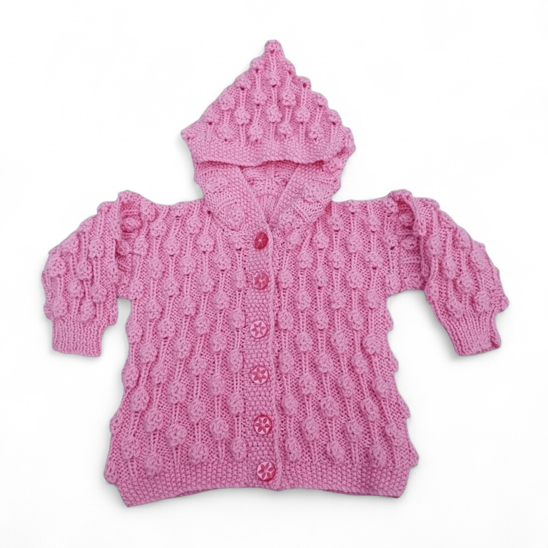 Baby cardigan in pink with hood and bobble pattern to fit 6 - 12 months 