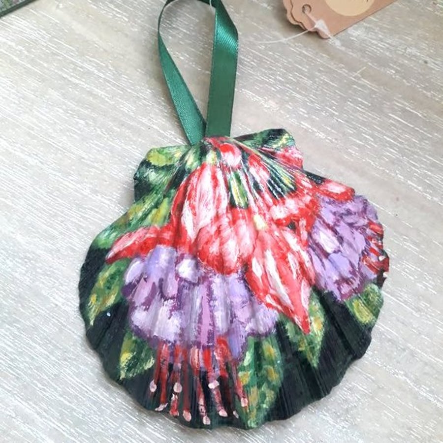 Handpainted 'large fuchsias' king scallop shell wall art