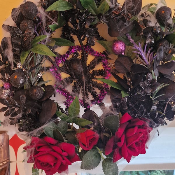 Handmade Halloween Spider Web Goth Wreath With Artificial Flowers & Decorations