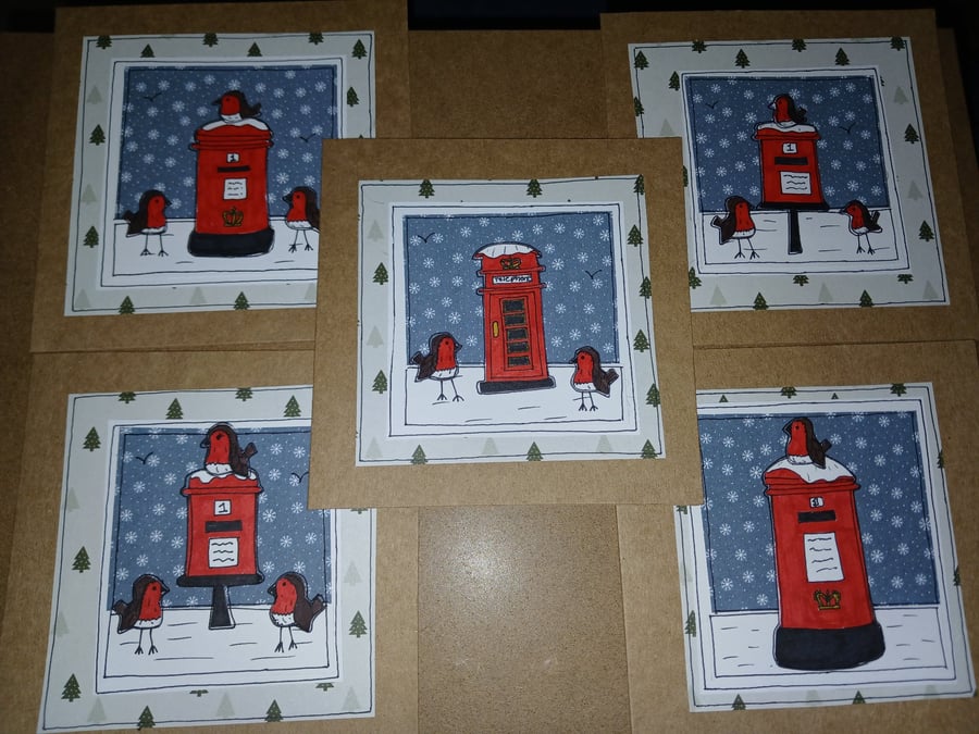 Quirky art christmas postbox and robins , illustrated, set of 5 christmas card 