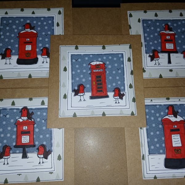 Quirky art christmas postbox and robins , illustrated, set of 5 christmas card 