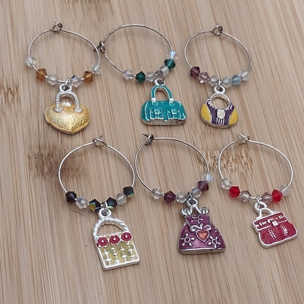 Wine charm handbag themed set of 6 cocktail bar accessories 