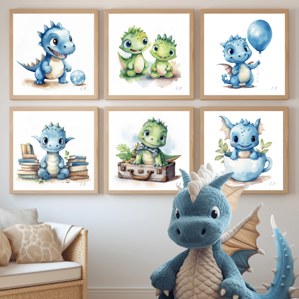 Watercolour Nursery Prints 'Cute Dragons' 