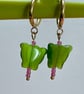 Green cat's eye huggie butterfly hoops pink toho beads gold tone - Image 3