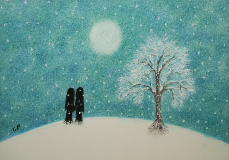 Romantic Christmas Card, Love Couple Snow Card, Moon Wedding Anniversary Card