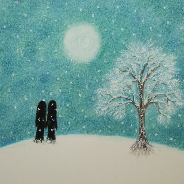 Romantic Christmas Card, Love Couple Snow Card, Moon Wedding Anniversary Card