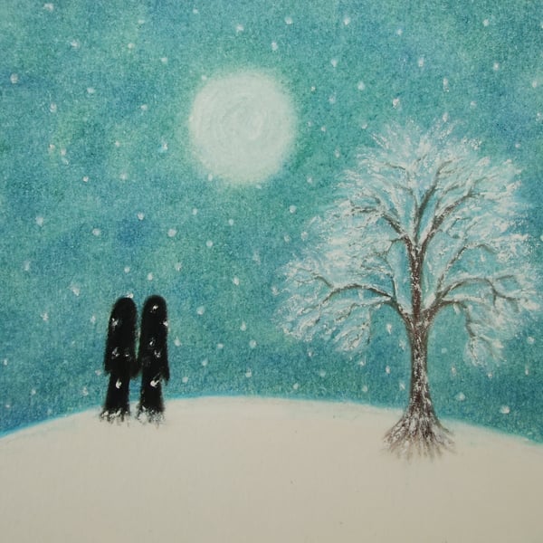 Romantic Christmas Card, Love Couple Snow Card, Moon Wedding Anniversary Card