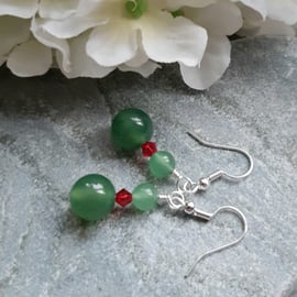 Green Agate and Red Crystal Drop Earrings 