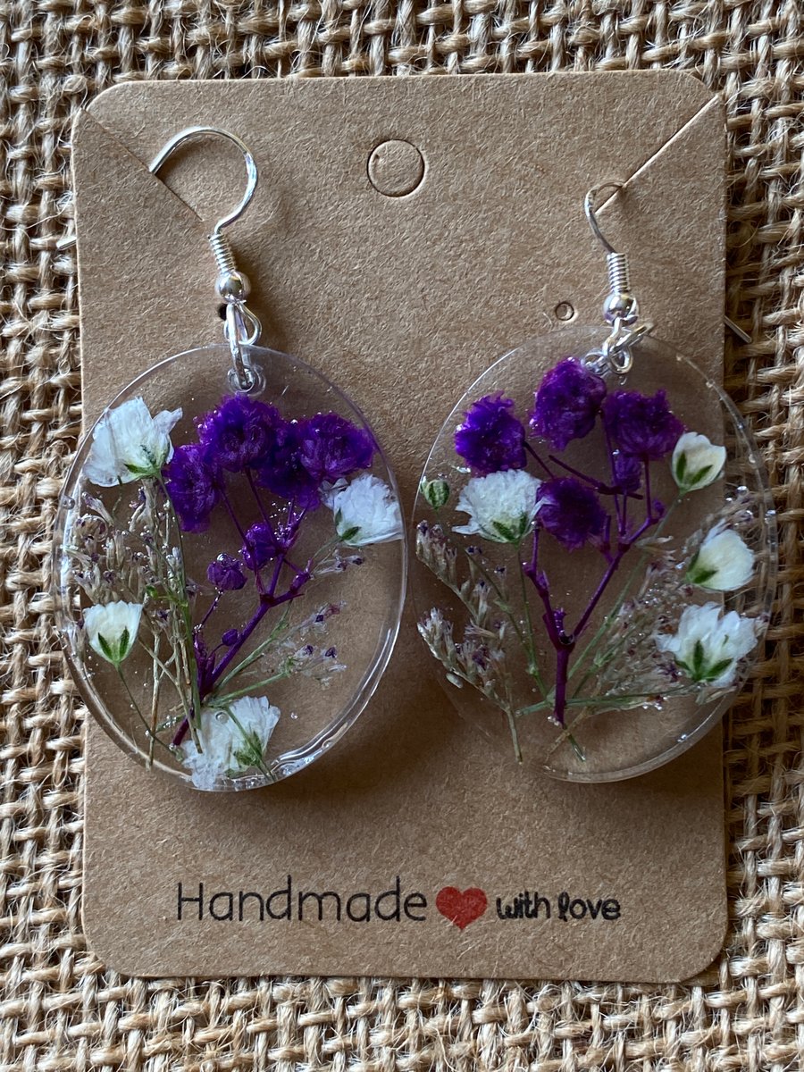Handmade Pair Of Oval Earrings With Real Pressed Flowers In Purple And White