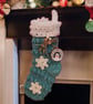 Teal Crochet Christmas Stocking with Snowflakes and Penguin Tag - Image 2