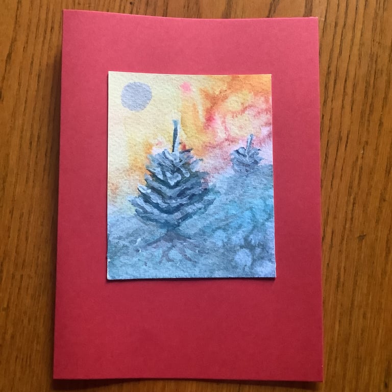 Hand-painted Christmas Yule Card 'Yule Trees & Yellow Sky'
