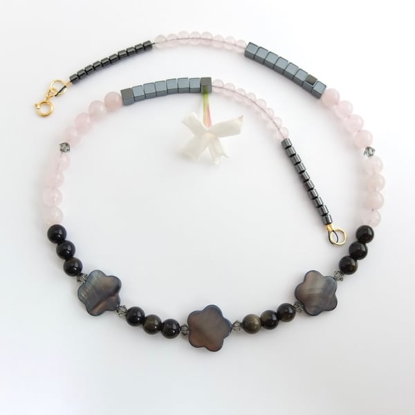Rose Quartz & Obsidian Necklace With Mother Of Pearl Flowers - Seconds Sunday