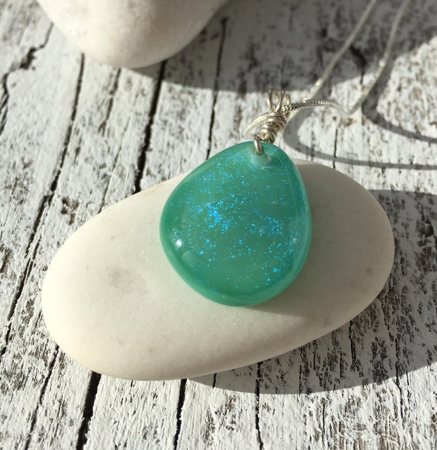 Silver & Glass Jade Green Necklace with Dichroic Detail