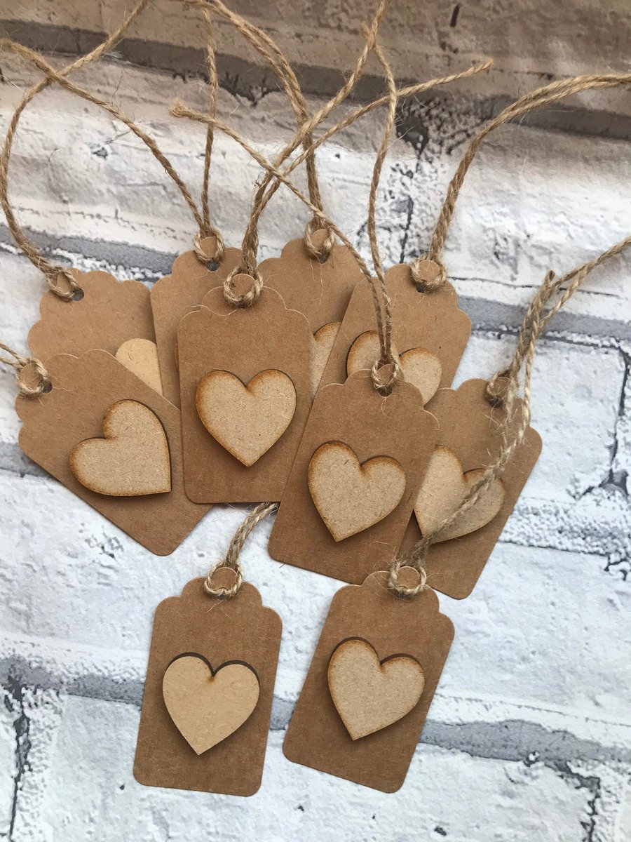 Handmade Wooden Heart Gift Tags, Rustic Kraft Card, Set of 10