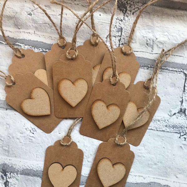 Handmade Wooden Heart Gift Tags, Rustic Kraft Card, Set of 10