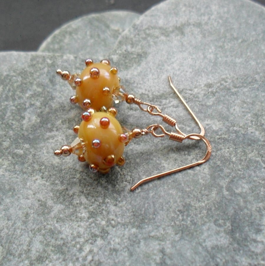 Rose Gold Vermeil Caramel Coloured Handmade Glass  Earrings With Swarovski Beads