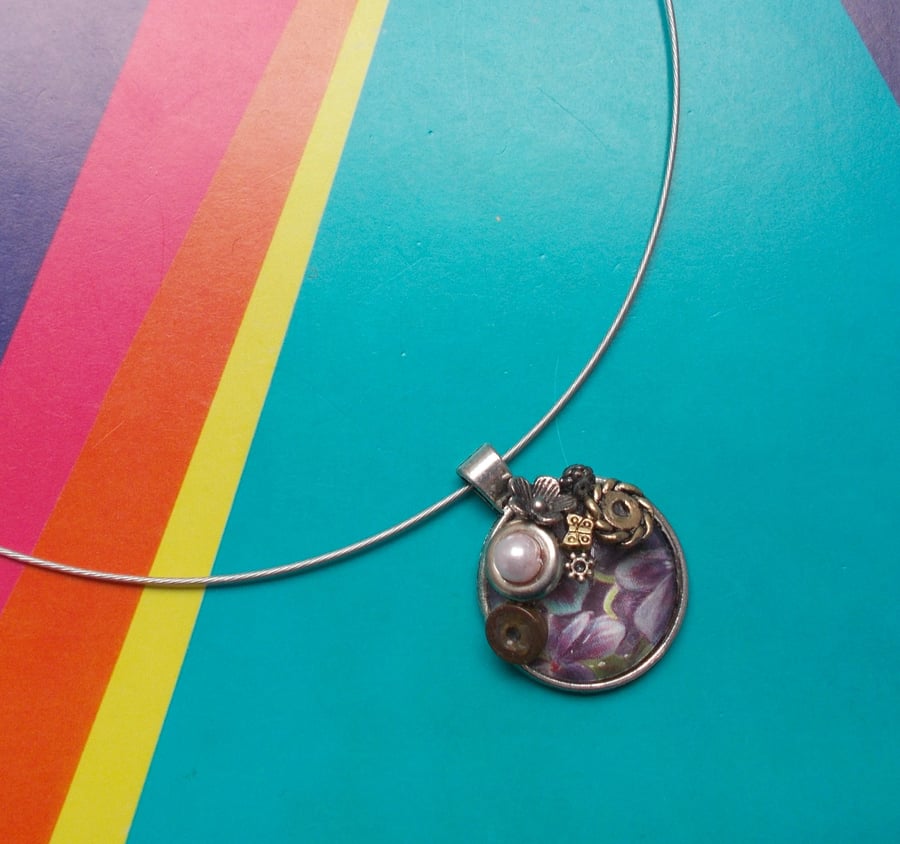 Bejewelled Pendant with Recycled Beads and Gems with a Glass Cabochon