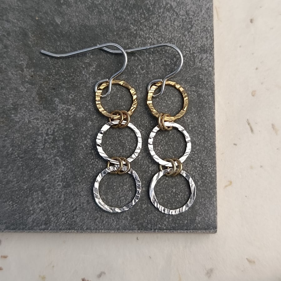 Recycled Sterling Silver and Filled Gold Triple Circle Drop Earrings