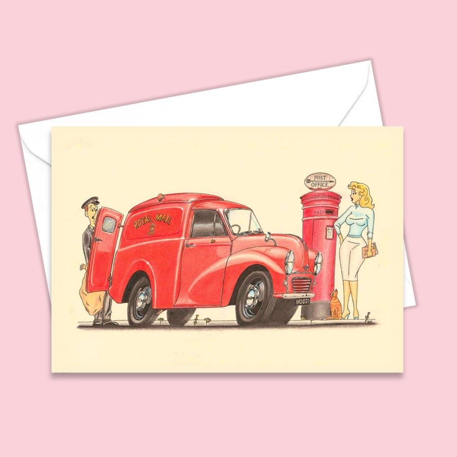 Classic Mid Century Post Office Van Illustration Greetings Card