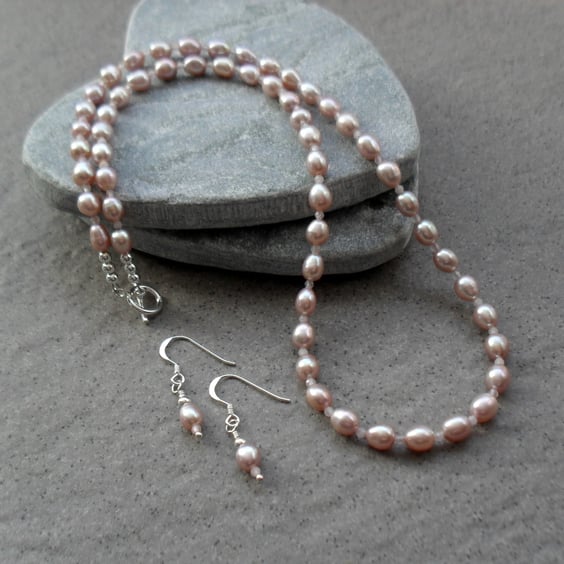  Pearl Necklace and Earring With Rose Quartz Sterling Silver