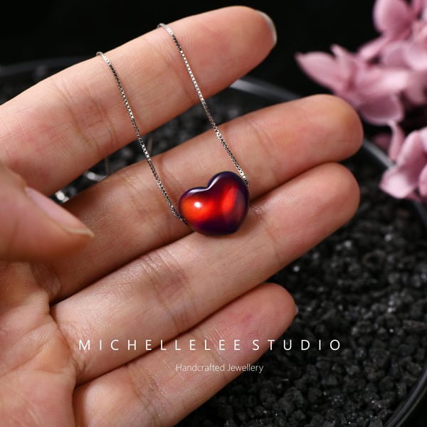 Large Black Heart 3D Fire Opal Necklace with 925 Sterling Silver Chain
