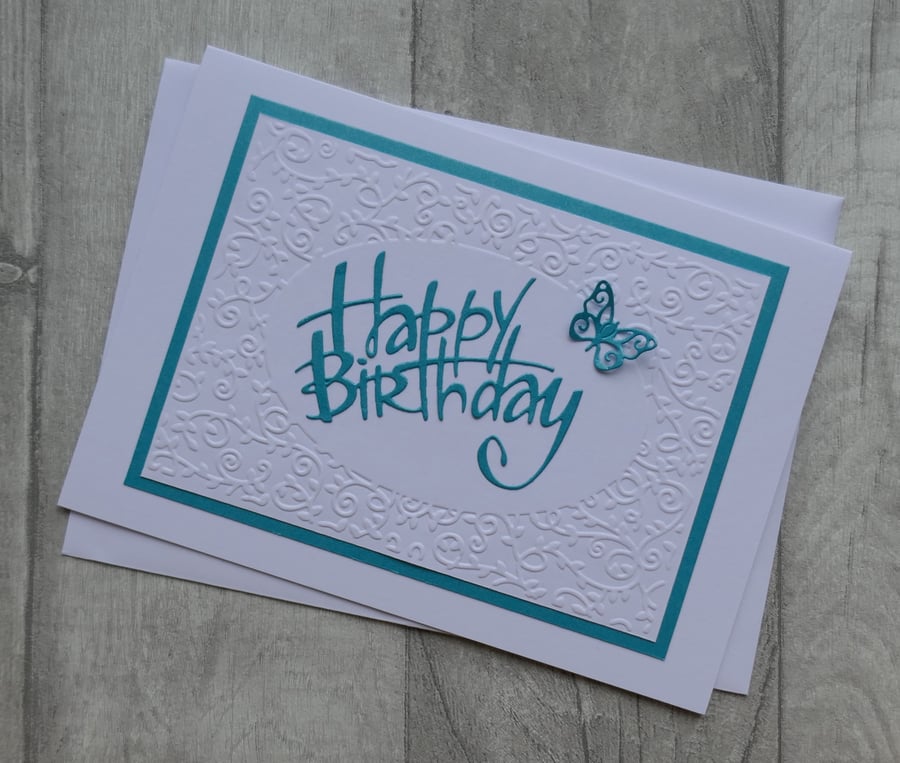 Swirl Frame With Turquoise Happy Birthday and Butterfly - Birthday Card