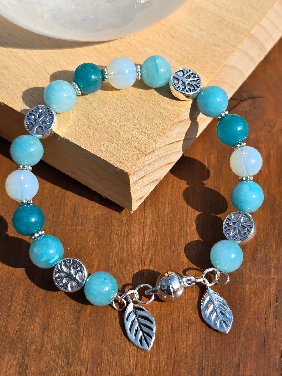 Blue Tree and Leaf Memory wire bracelet with magnetic clasp
