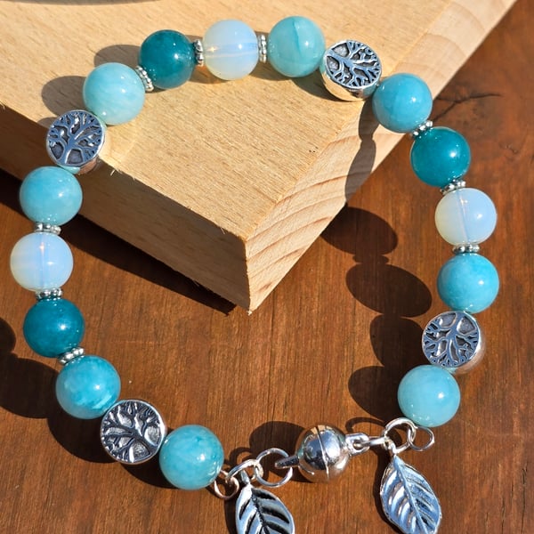 Blue Tree and Leaf Memory wire bracelet with magnetic clasp