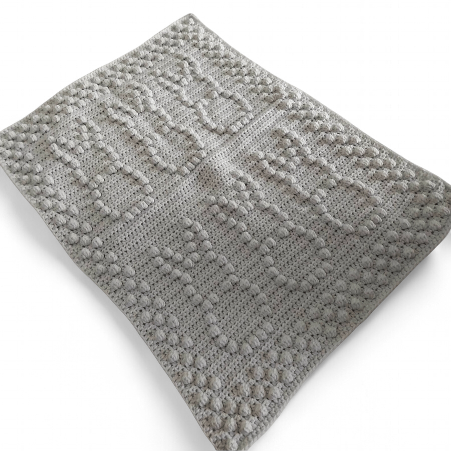 Light Grey Crochet Baby Blanket with Bunny Design Gender Neutral Nursery Bedding