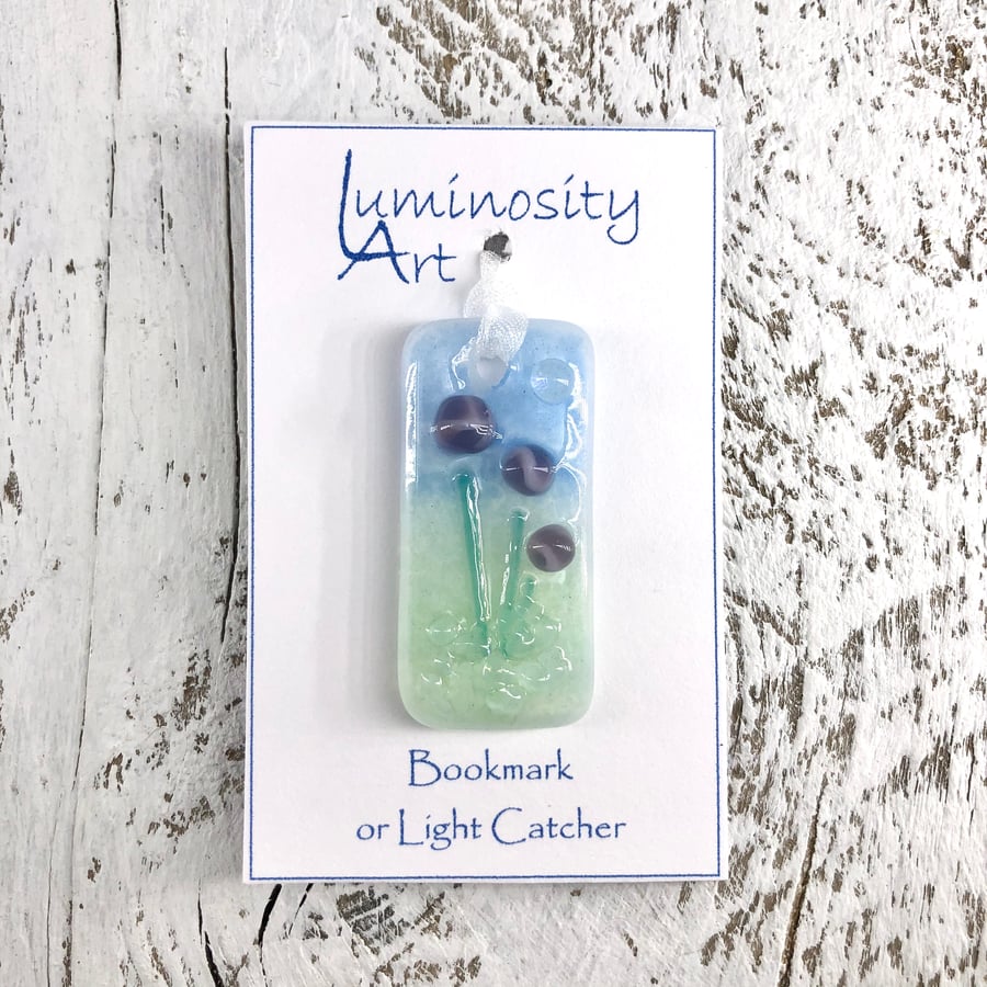 Glass Bookmark or Light Catcher with Purple Flowers