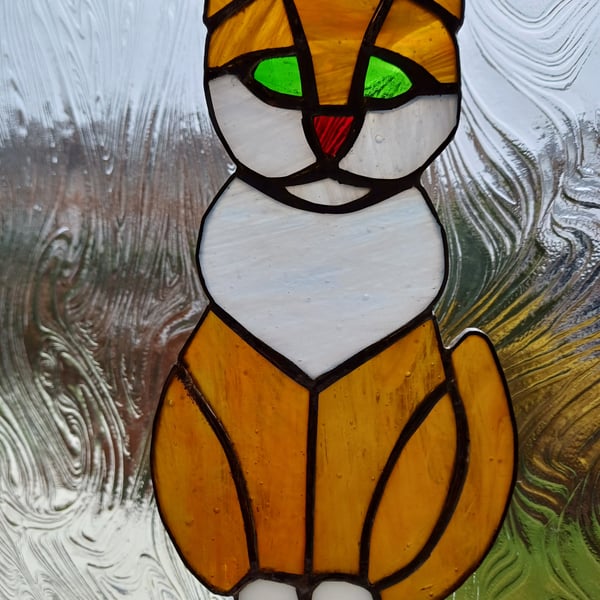 Handmade ginger and white stained glass cat